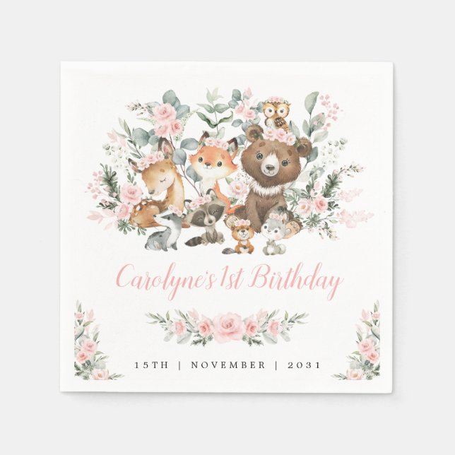 Soft Pink Roses Woodland Animals Girl 1st Birthday Napkin (Front)