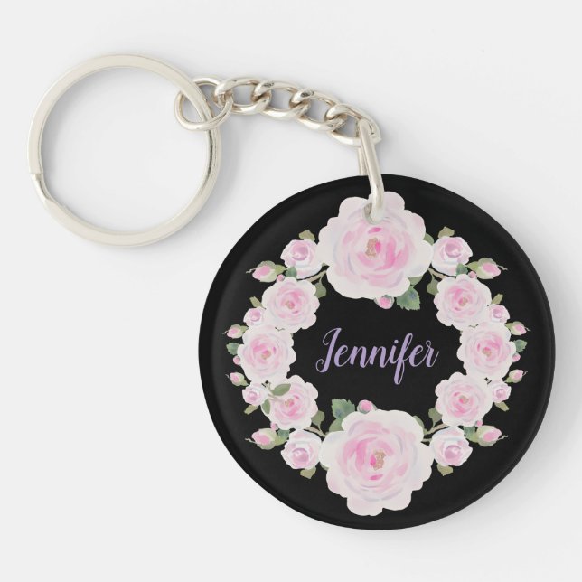 Soft Pink Roses Wreath Name Round Acrylic Keychain (Front)