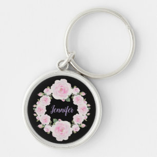 Soft Pink Roses Wreath Name Round Metal Keychain