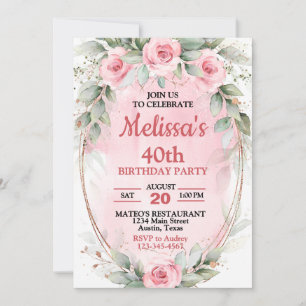 Soft Pink & Sage Green Roses Any Year Birthday Invitation