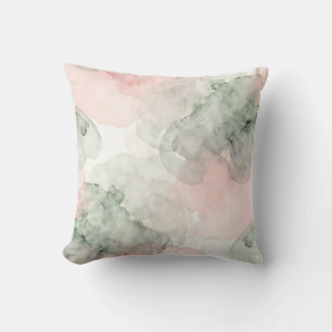 Soft Pink Sage Green Watercolor Abstract Pattern Throw Pillow