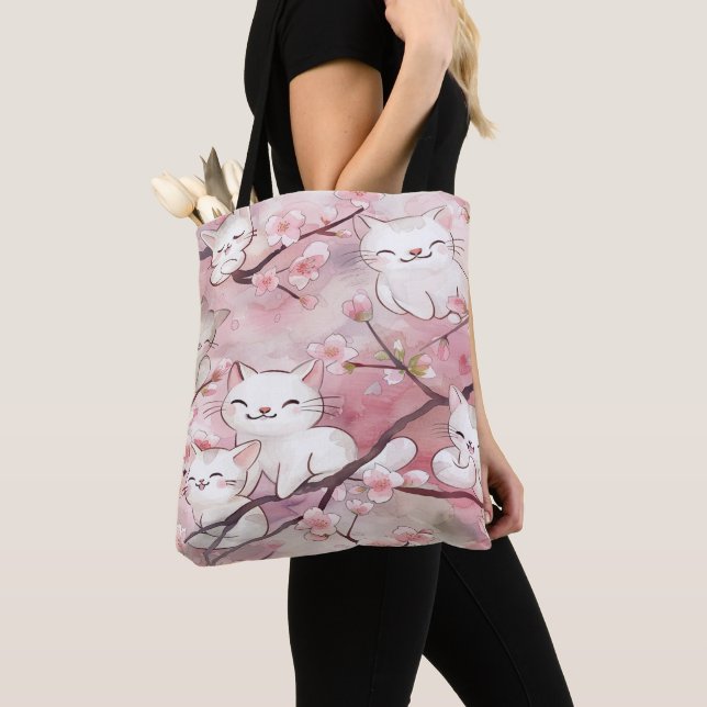 Soft Pink Sakura Flowers Cute Cats Pattern Tote Bag (Close Up)