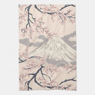Soft Pink Sakura Mount Fuji Scenic Pattern Kitchen Towel