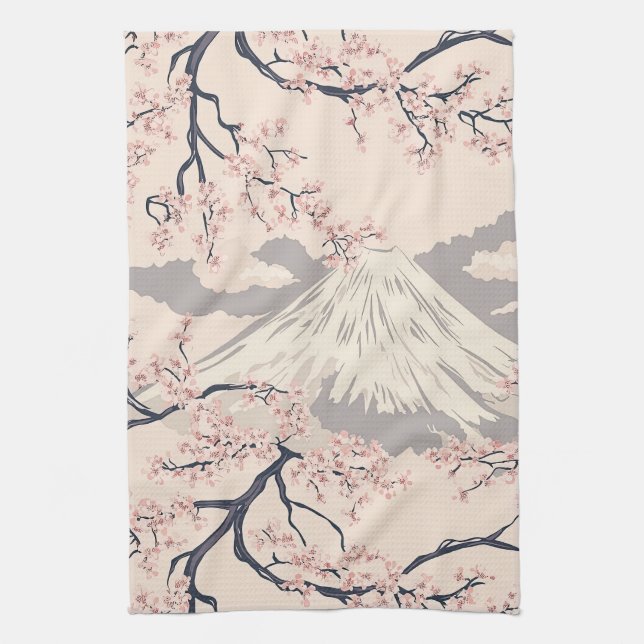 Soft Pink Sakura Mount Fuji Scenic Pattern Kitchen Towel (Vertical)