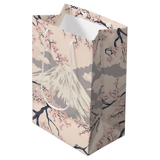 Soft Pink Sakura Mount Fuji Scenic Pattern Medium Gift Bag (Front Angled)