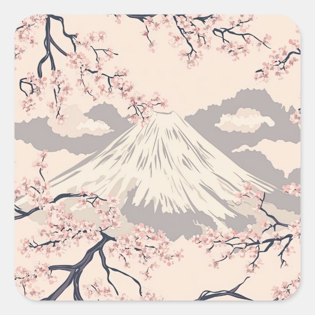 Soft Pink Sakura Mount Fuji Scenic Pattern Square Sticker (Front)