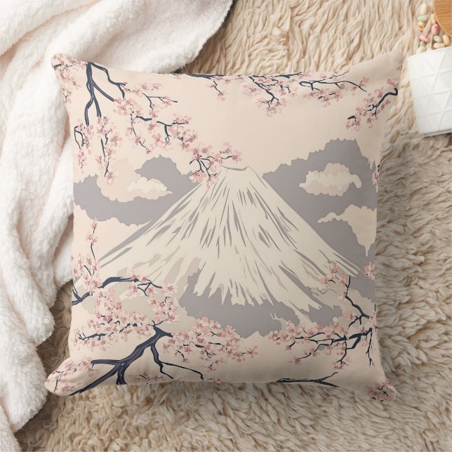 Soft Pink Sakura Mount Fuji Scenic Pattern Throw Pillow (Blanket)