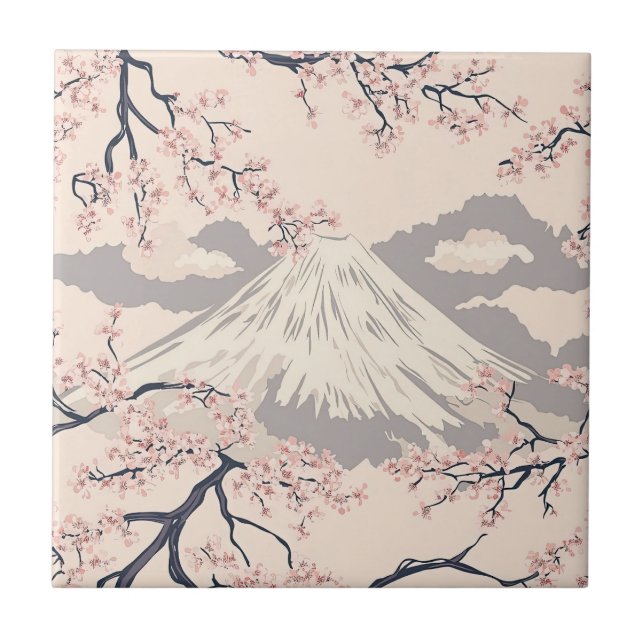 Soft Pink Sakura Mount Fuji Scenic Pattern Tile (Front)