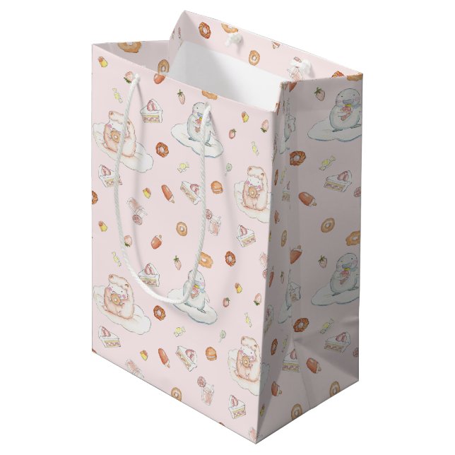 Soft Pink Sheep & Penguin Dessert Pattern Medium Gift Bag (Front Angled)