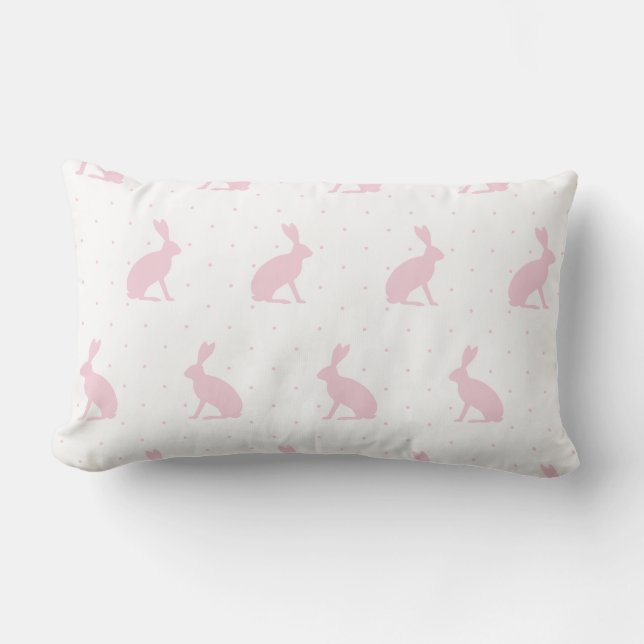 Soft Pink Sitting Bunnies with Mini Dots Pattern. Lumbar Pillow (Front)