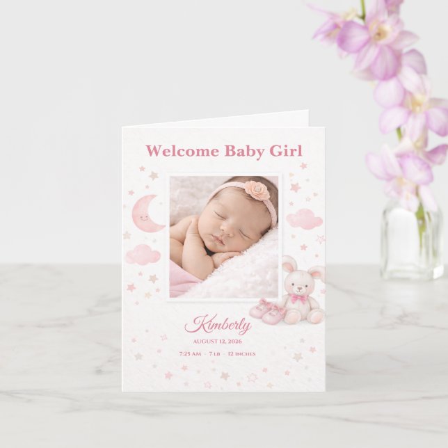 Soft Pink Stars & Moon Baby Birth Announcement (Orchid)