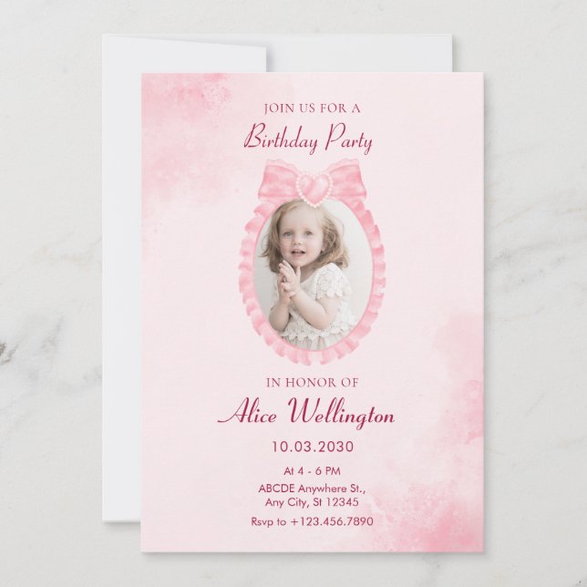 Soft pink sweet ribbon bow girly photo birthday  invitation (Front)