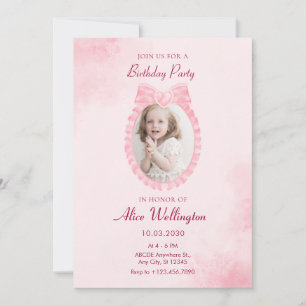 Soft pink sweet ribbon bow girly photo birthday invitation