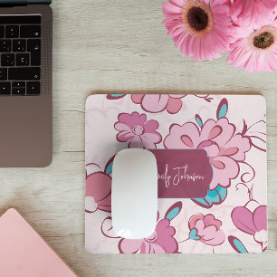 Soft Pink Teal Floral Monogram Design Custom Name Mouse Pad