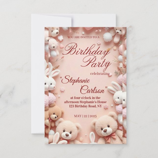 Soft Pink Teddy Bear Birthday Invitation (Front)