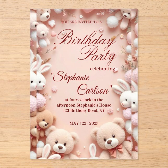 Soft Pink Teddy Bear Birthday Invitation (Recto)