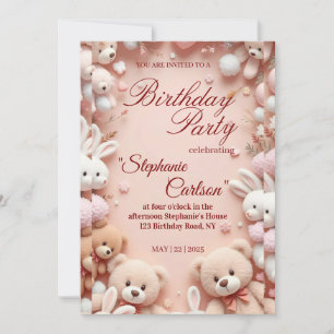 Soft Pink Teddy Bear Birthday Invitation