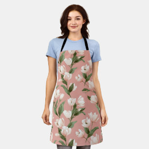 Soft Pink Tulip White Floral Pattern Apron