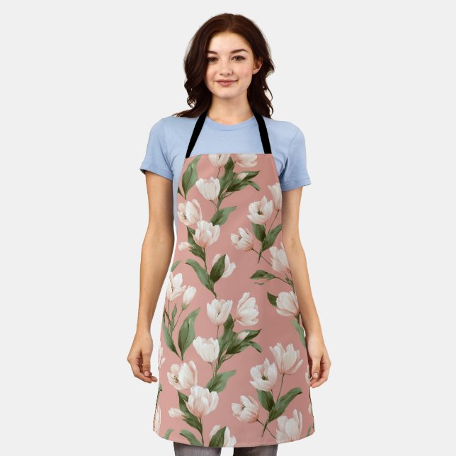 Soft Pink Tulip White Floral Pattern Apron (Worn)