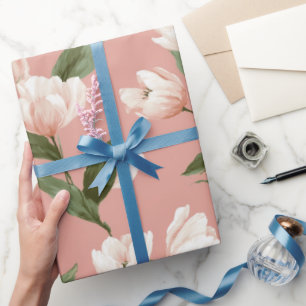 Soft Pink Tulip White Floral Pattern Wrapping Paper