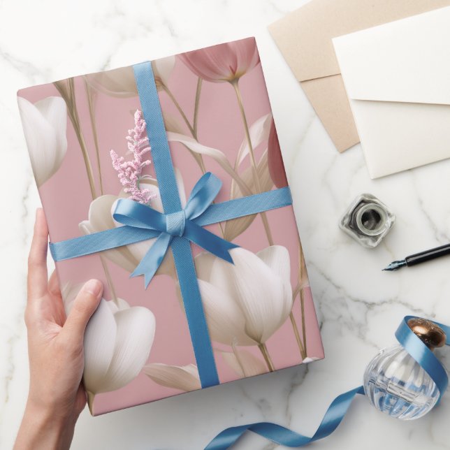 Soft Pink Tulip White Floral Pattern Wrapping Paper (Gifting)