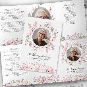 Soft Pink Watercolor Floral Funeral/Memorial Tri-Fold Programme