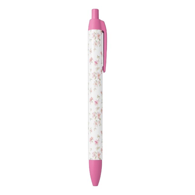 Soft Pink Watercolor Flower Pattern Black Ink Pen (Bottom (Vertical))