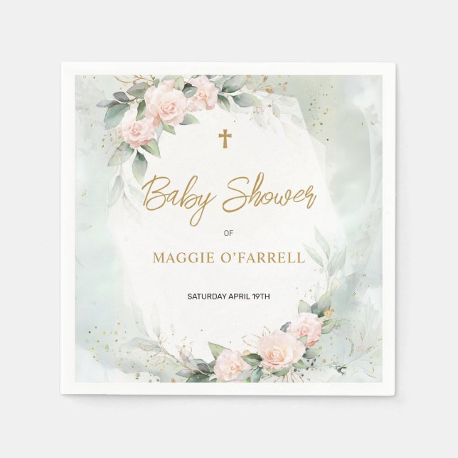 Soft Pink Watercolor Flowers and Cross Baby Shower Napkin (Front)