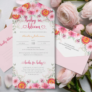 Soft Pink Watercolor Flowers & Citrus Baby Shower All In One Invitation