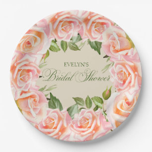 Soft Pink Watercolor Roses Bridal Shower  Paper Plate