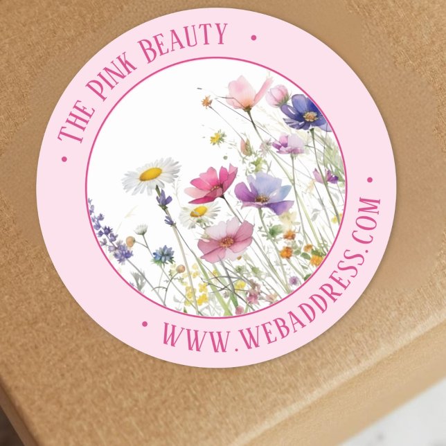 Soft pink Watercolor wildflowers promotion Classic Round Sticker (Soft pink Custom Photo Illustration Classic Round Sticker)