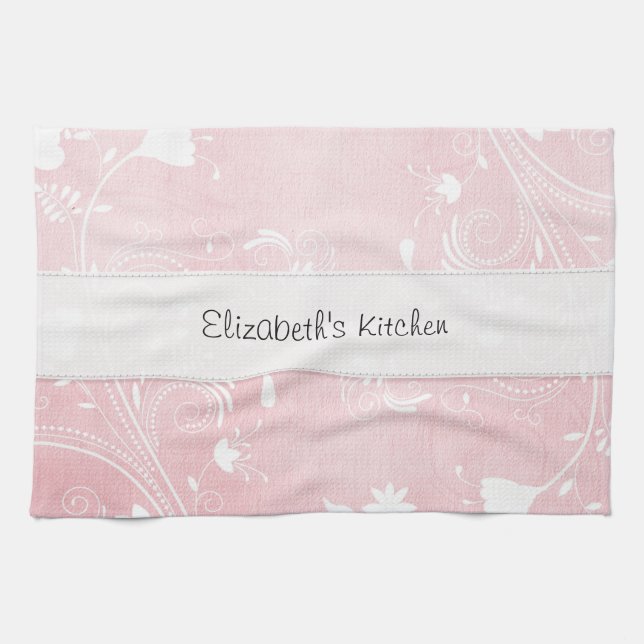 Soft Pink & White Flowers Personalized Kitchen Towel (Horizontal)