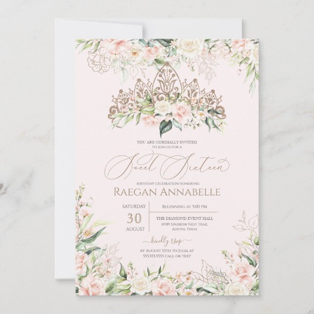 Soft Pink White Roses Elegant Sweet 16 Birthday In Invitation (Front)