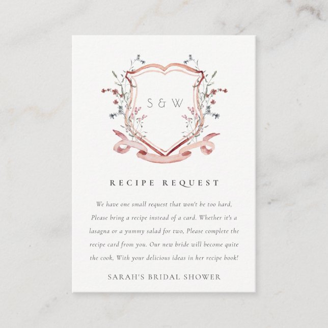 Soft Pink Wildflower Crest Wedding Recipe Request Enclosure Card (Front)