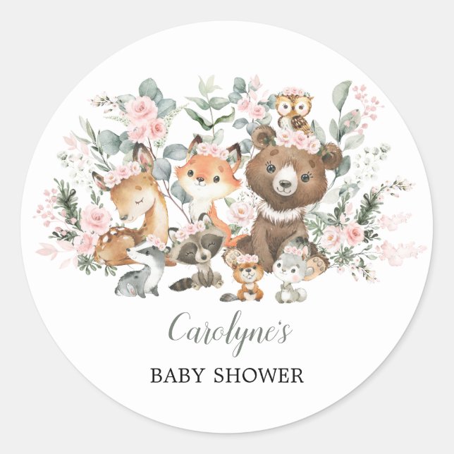 Soft Pink Woodland Animals Eucalyptus Baby Shower Classic Round Sticker (Front)