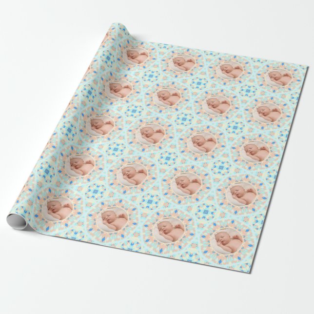 Soft Pretty Blue Custom Photo Mother’s Day Gift Wrapping Paper (Unrolled)