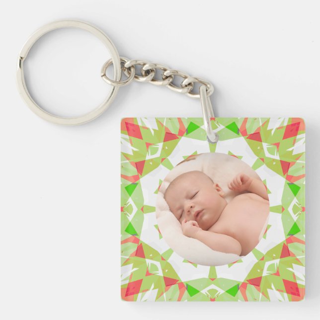 Soft Pretty Green Custom Merry Christmas Photo Keychain (Front)