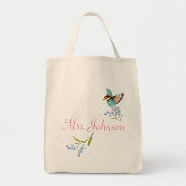 Soft Purple and Blue florals pretty bird name Tote Bag (Front)