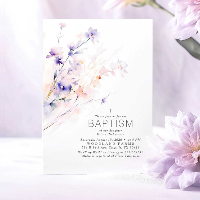 Soft Purple & Blush Flowers Elegant Baptism Invitation (Purple and Pink Baptism Invitations)