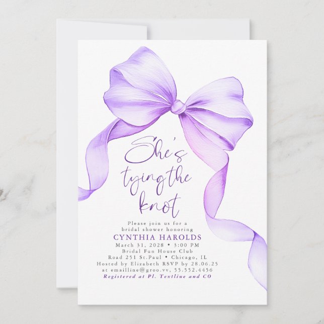 Soft Purple Bow She's Tying the Knot Bridal Shower Invitation (Front)