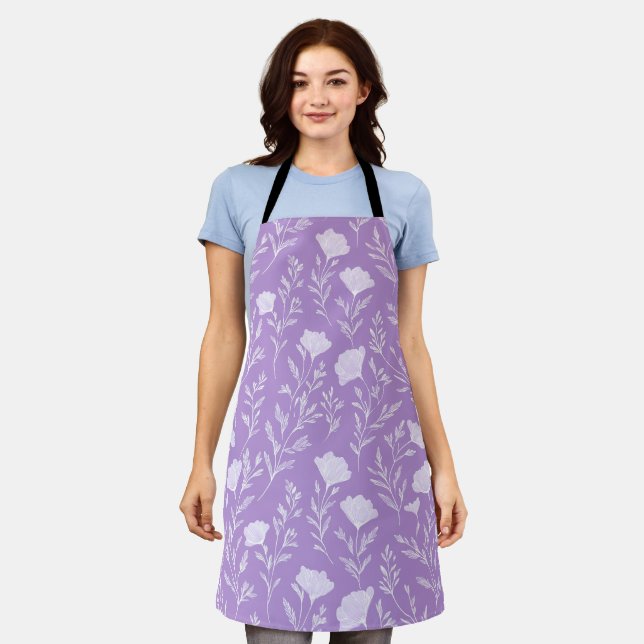 Soft Purple Lavender White Floral Pattern Apron (Worn)