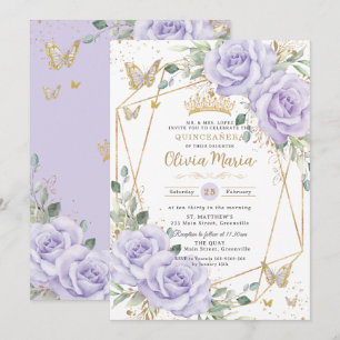 Soft Purple Lilac Floral Butterflies Quinceanera Invitation
