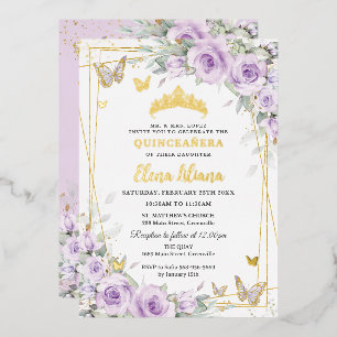 Soft Purple Lilac Roses Floral Gold Quinceañera XV