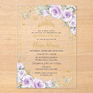 Soft Purple Lilac Roses Floral Gold Quinceañera XV Acrylic Invitations
