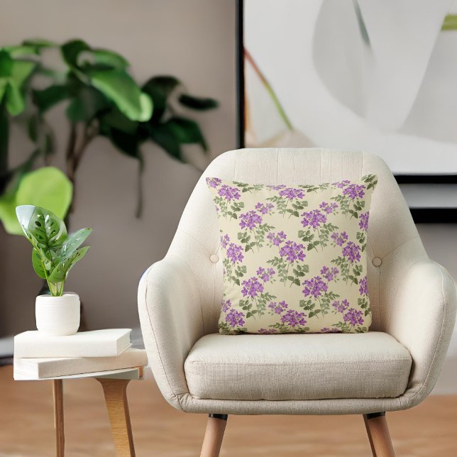 Soft Purple Violets on Pale Antique Yellow Pattern Throw Pillow (Creator Uploaded)