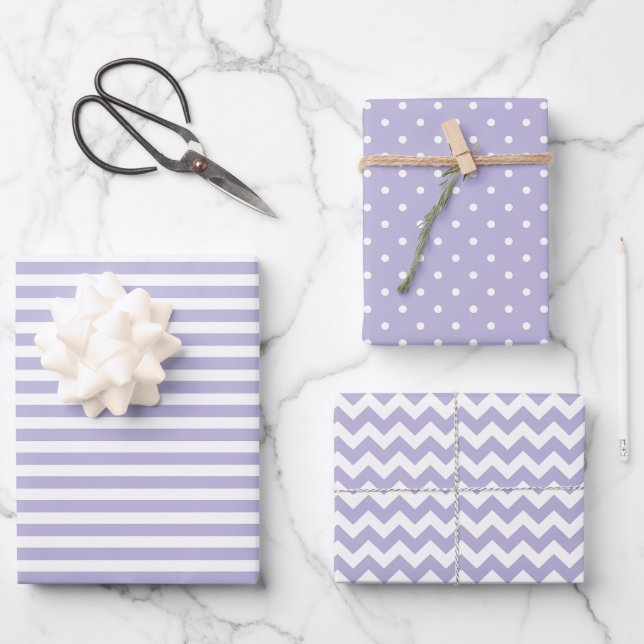 Soft Purple & White Stripes Polka Dot Chevron Wrapping Paper Sheet (Front)