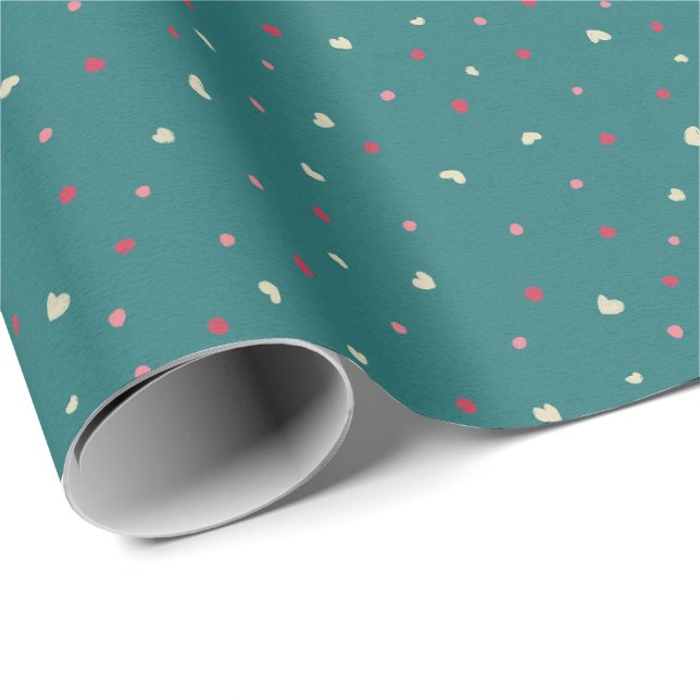 Soft Red & Green Polka Dots with Golden Hearts Wrapping Paper (Roll Corner)
