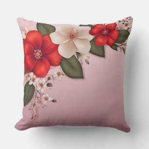 🌸 Soft Red White Floral Pattern Pink Aesthetic Throw Pillow
