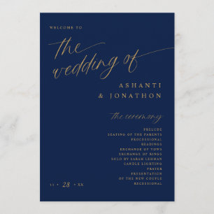 Soft Romantic Dark Navy Blue and Gold Wedding Program