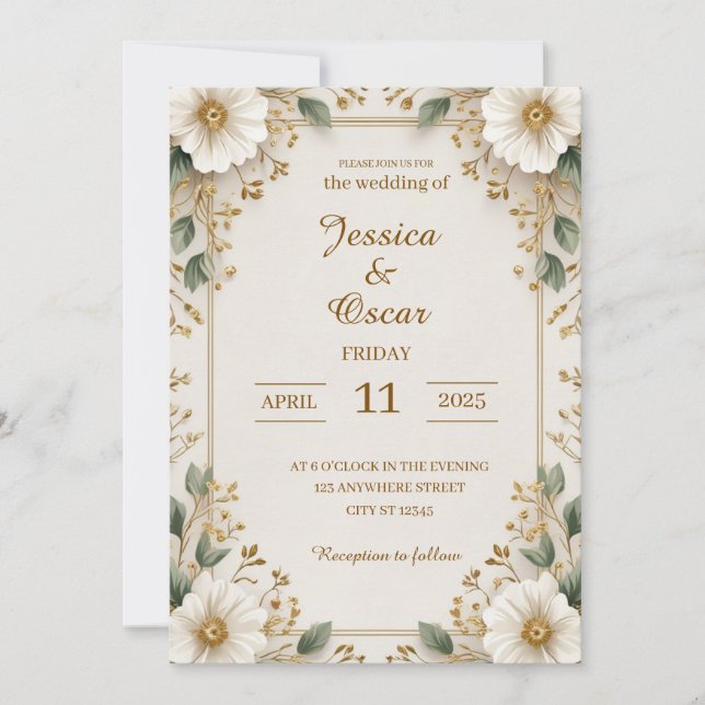 Soft Romantic Gold Floral Patterns Wedding Invitation (Front)